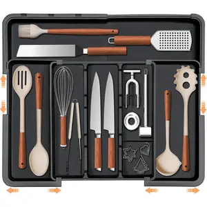 Black Plastic Expandable Kitchen Drawer Organizer - Modern, Foldable, Rectangle Cutlery Holder with Compartments for Silverware, Cooking Utensils, Spatula Tools & Gadgets Storage Dividers