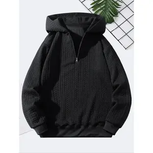 Men’s hooded sweatshirt with half-zip design, long-sleeve textured fabric pullover for spring and fall seasons