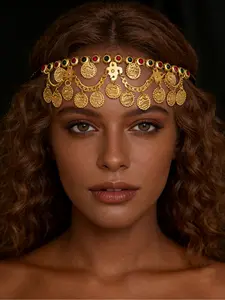 Bohemian Gold Coin Headpiece - Inlaid Gemstone Hair Band, Retro Ethnic Festival Hair Jewelry
