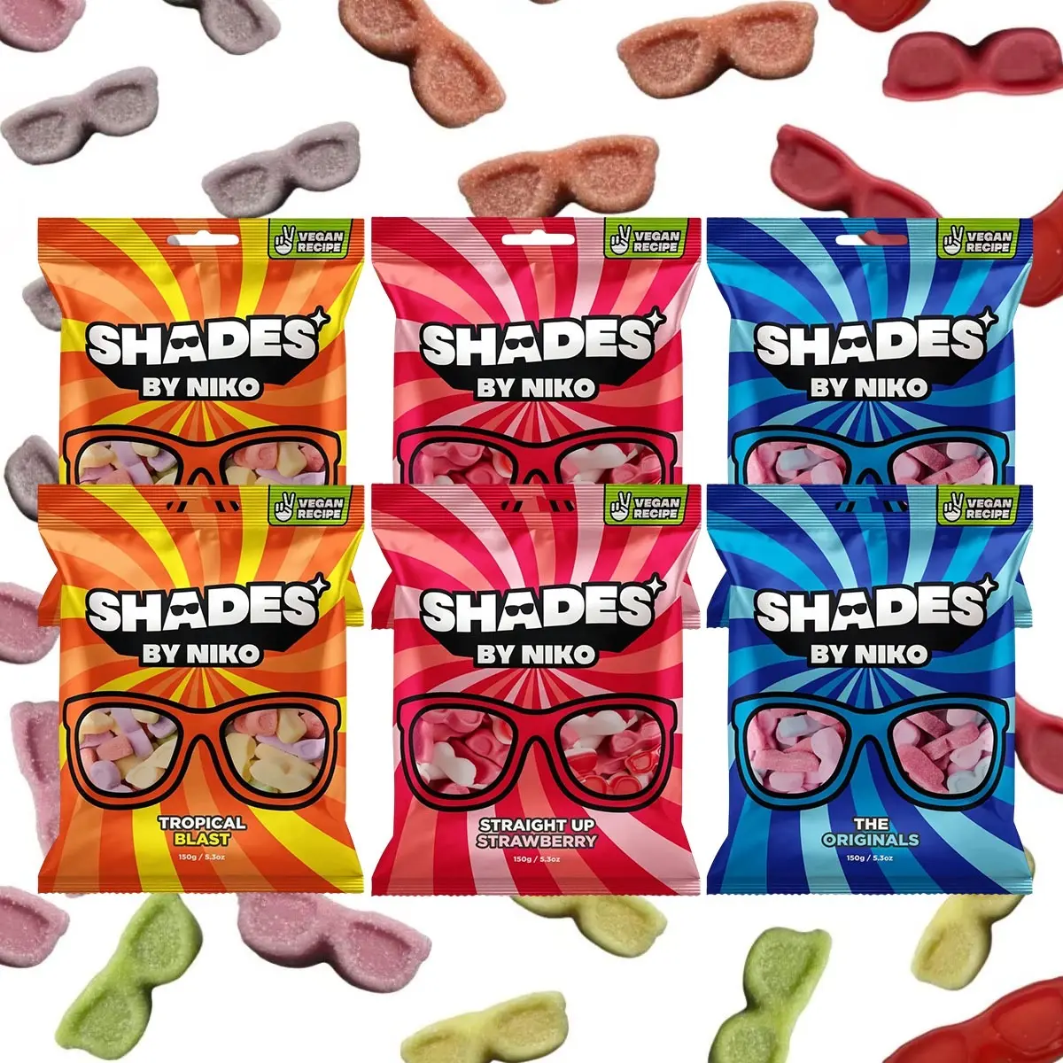 Shades by Niko Vegan Sweets 150g - Tropical Blast & Straight Up Strawberry Pack of 6 Plant-Based Gummy Candy Gluten-Free Dairy-Free Natural Fruit Flavors