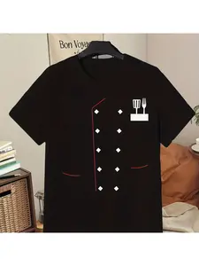 Chef Jacket Design T Shirt Black Short Sleeve Casual Graphic Tee with Cutlery And Button Details for Men Women Unisex Fashion Topmen'S Round Neck Creative Print Short Sleeve T Shirt Suitable for Spring And Summer Casual And Versatile Comfortable Top