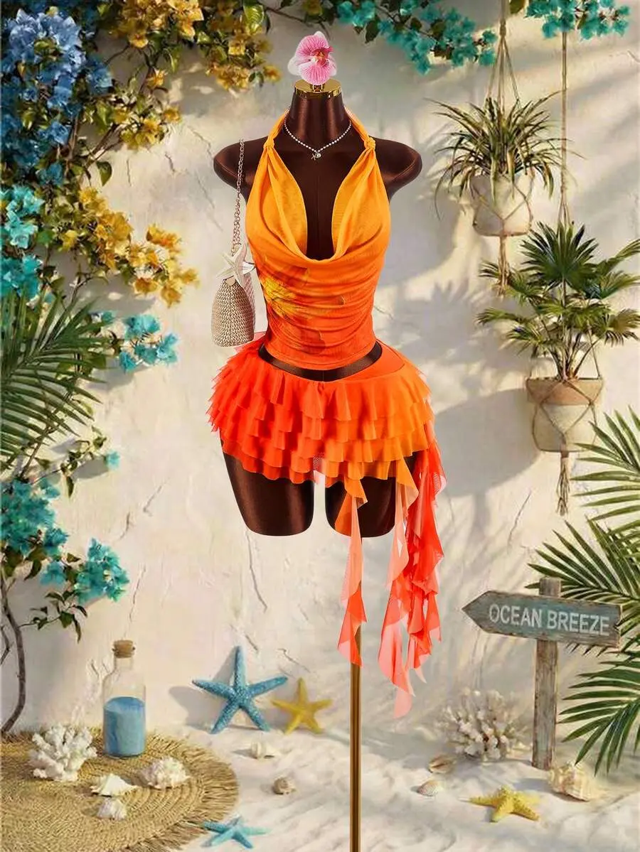 Women's 2 Piece Plunging Neck Top & Layered Ruffle Mesh Skirt Set Tropical Summer Beach Vacation Outfit