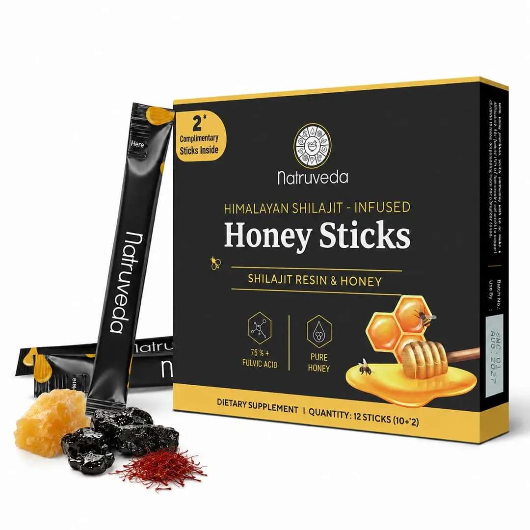 Natruveda, Himalayan Shilajit Honey Sticks for Men & Women - 75%+ Fulvic Acid & Trace Minerals - Raw Honey, Saffron & Himalayan Shilajit Resin - 10 Sticks Pack