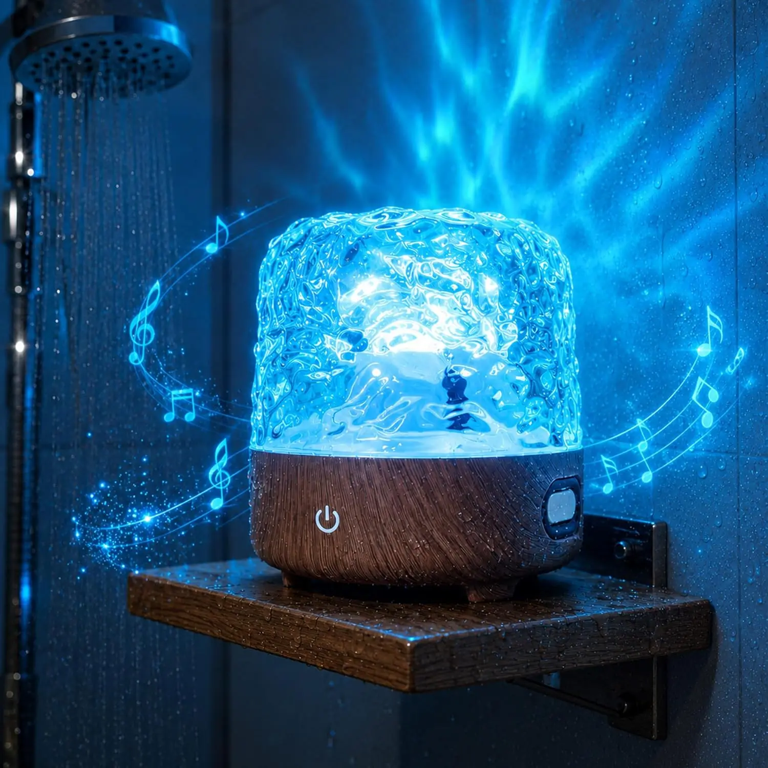 Waterproof Shower Light with Bluetooth Speaker, Shower Lamp with Touch & Remote Control, Rechargeable Ocean Wave Projector Light No Wiring, Mood Lighting for Inside Shower Bathroom Bathtub