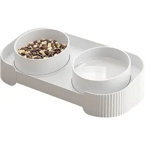 Ceramic Bowl, Elevated Cat Food And Water Bowl, 16 Tilted Bowl, Tip And Splash-Proof Double Cat Food Bowl Set, Double Bowl Feeding And (Ivory White)