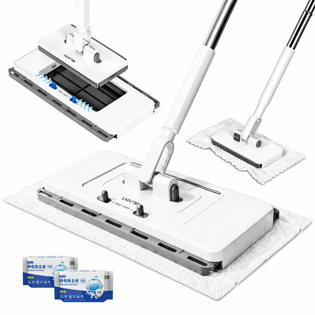 Adjustable Standing 2-in-1 Dry-Wet Upgrade Push Clamp Mop Kit - Disposable Swiffer Pad Compatible, Easy Cloth Changing, Press Grip Lazy Sweeper for Kitchen Spills, Hardwood Tile Marble Floor Cleaning