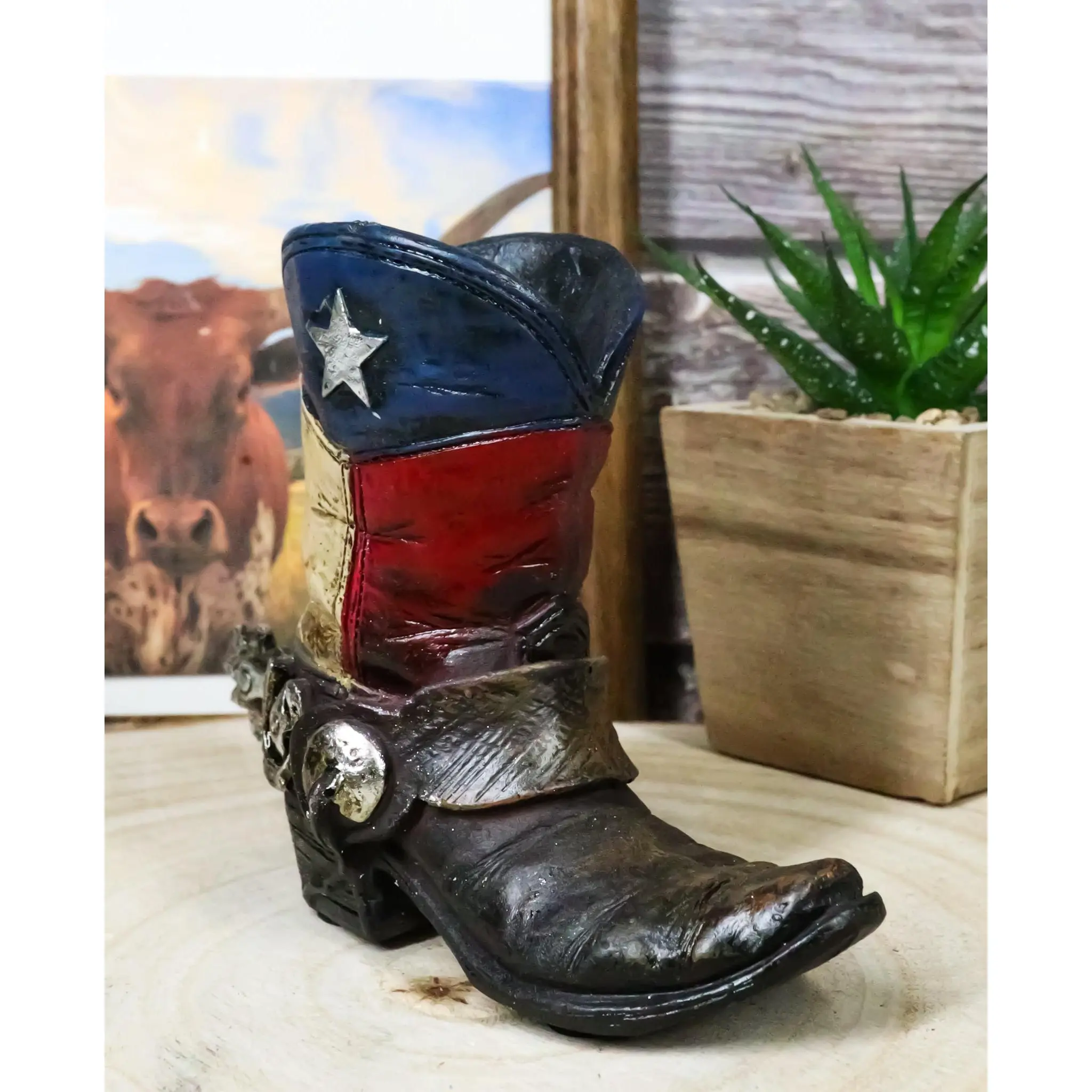 Rustic Western Cowboy Faux Leather Texas State Flag Boot With Spur Pen Holder
