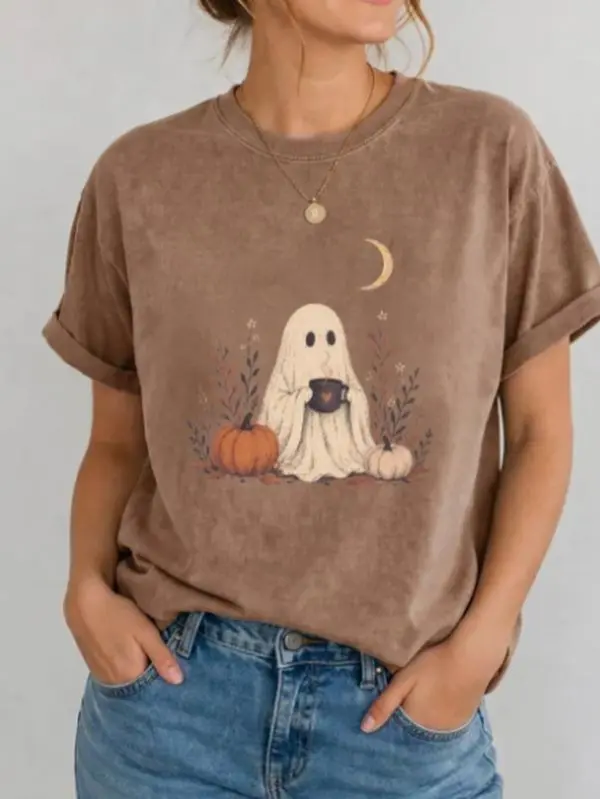Comfort Colors Floral Ghost Coffee Halloween T-Shirt - Women Cute Ghost Graphic Tee, Botanical Pumpkin Fall Shirt, Cozy Autumn Coffee Lover Top, Spooky Season Gift, Unisex Apparel