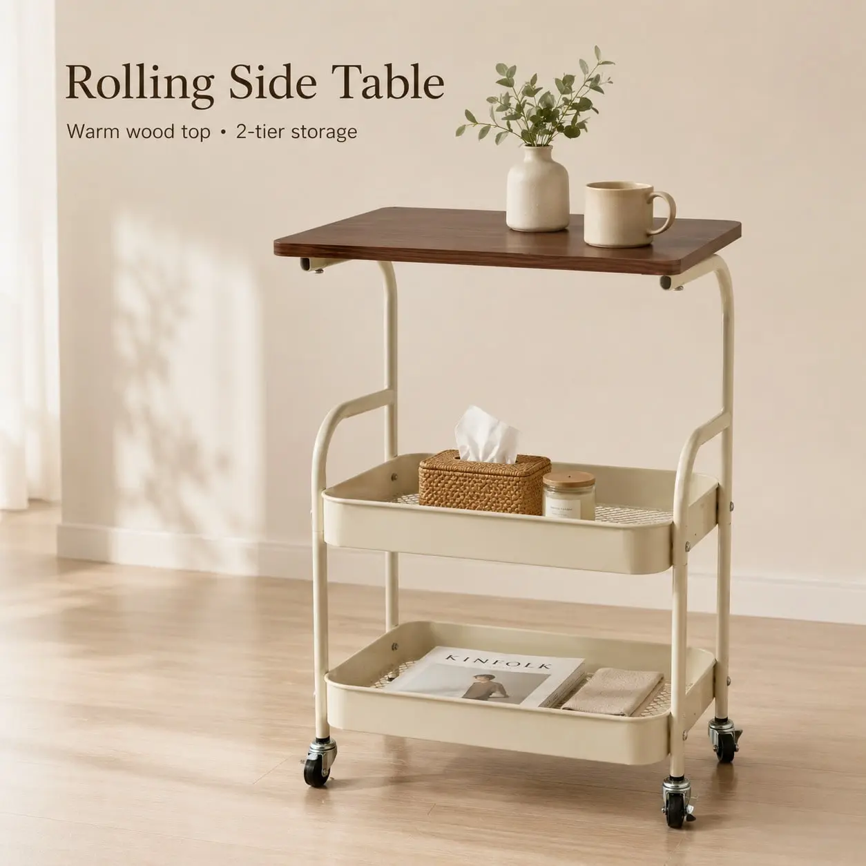Multifunctional Wood Rolling Cart with Desk - Stainless Steel Build, 360° Rolling Casters, 2 Baskets, Compact Organiser Racks, Easy Assembly Utility Cart for Home Office Room Storage Organization