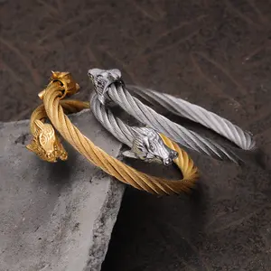 GTHIC Wolf Head Stainless steel Open Bracelet for Men Statement Jewelry Fashion Accessory