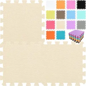 EVA Rubber 18 Tiles Interlocking Puzzle Foam Floor Mats - Baby Play Mat for Playing Exercise Mat for Home Workout Beige QC-Jb18N