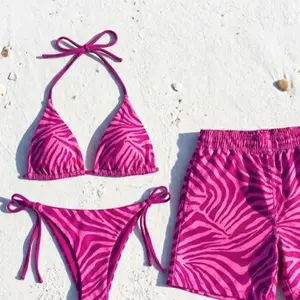 Matching Couple Zebra Print Swimwear Set, Pink Bikini and Trunks, Neon Summer Beachwear QWS 8JS