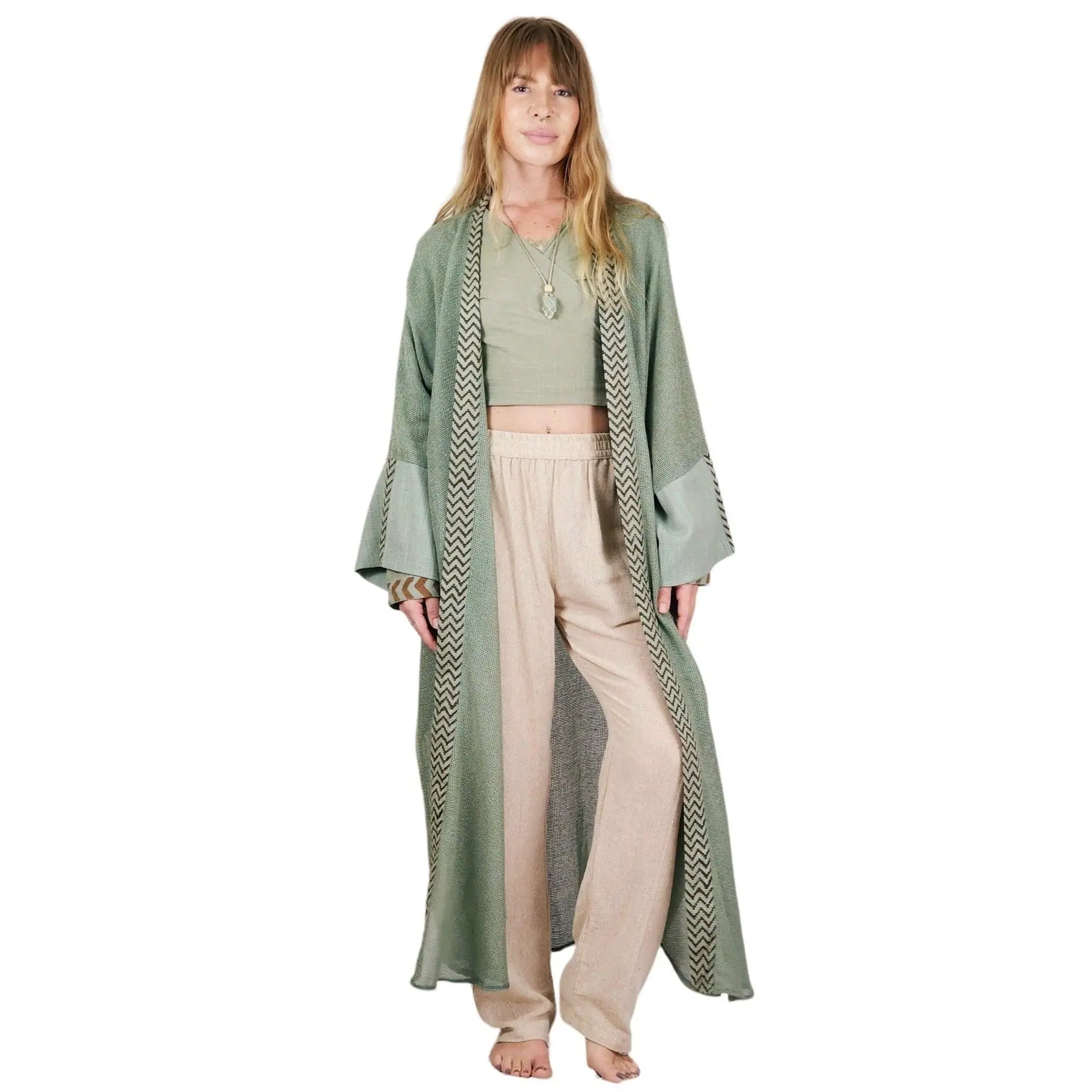 Organic Cotton Mesh Long Kimono Sage - Handmade & Naturally Dyed - Breathable & Soft - Bohemian Style - Perfect for Beach & Festivals - All Seasons Wear