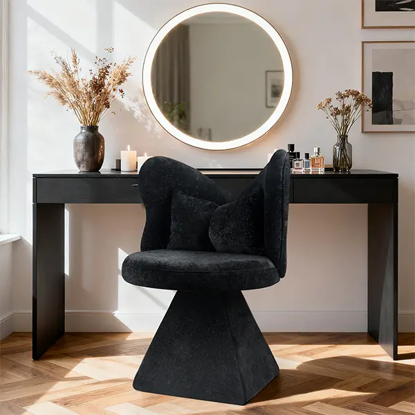 Makeup Vanity Chair with Butterfly Back and Bow Pillow, 360° Swivel Accent Chair, Vanity Stool Chairs with Chenille Fabric & Sturdy Base, for Dressing Table/Bedroom/Living Room/Home Office (Black)