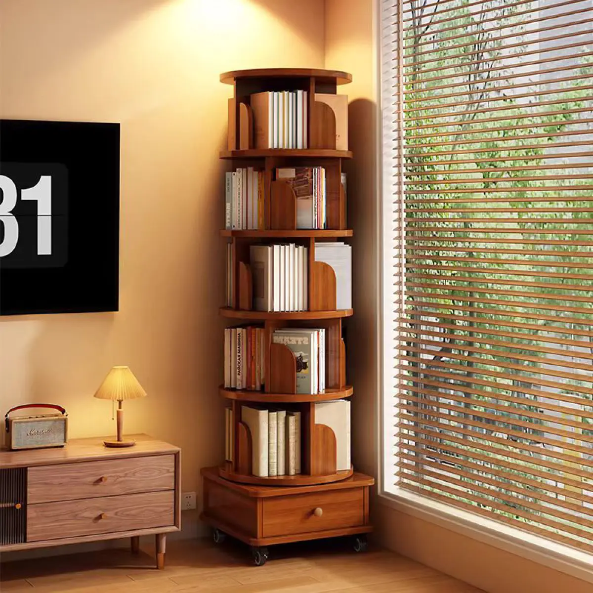 Walnut Brown Mid Century Modern 6-Tier Adjustable MDF Wood Corner Bookshelf - Home Library 1 Unit, Smooth 360° Rotating, 18.12in Narrow Storage Rack with Wheels Base, Single Box Assembly-Required Space Saving Organizer for Small Spaces