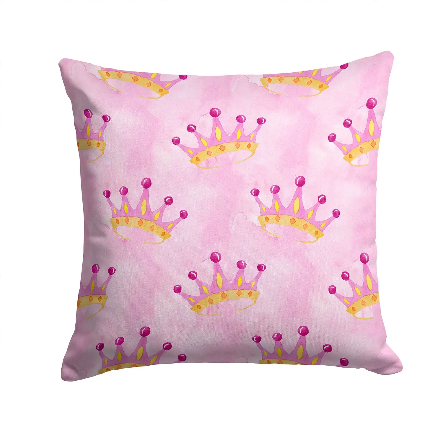 Watercolor Princess Crown on Pink Decorative Throw Pillow 14x14 Indoor Outdoor Accent Cushion, Fabric Cover with Insert for Sofa, Bed, Porch & Living Room