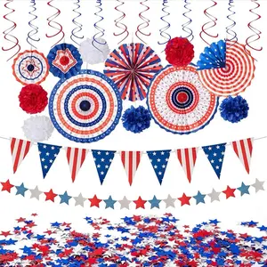 29PCS 4th/Fourth of July Patriotic Decorations Set - Red White Blue Paper Fans,USA Flag Pennant,Star Streamer,Pom Poms,Hanging Swirls Party Decor Supplies