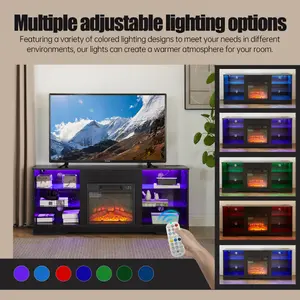 Bellemave Electric Fireplace TV Stand with Glass Shelves LED Lights Modern Design for 32-62 TVs Black Color Cozy Ambiance 2-IN-1 Design Realistic Adjustable Fireplace Multi-functional Indoor Decoration