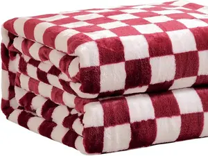 FY FIBER HOUSE Checkered Flannel Fleece Throw Blanket Soft Cozy Checkerboard Grid Print Chessboard Gingham Pattern Blankets for Bed Couch Sofa, 60"x80", Burgundy