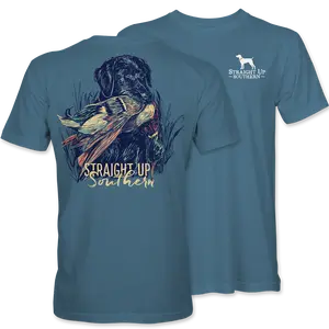 Lab With Mallard - Black Lab Retrieving Mallard T-Shirt - Indigo Lab With Mallard - Black Lab Retrieving Mallard T-Shirt - Indigo