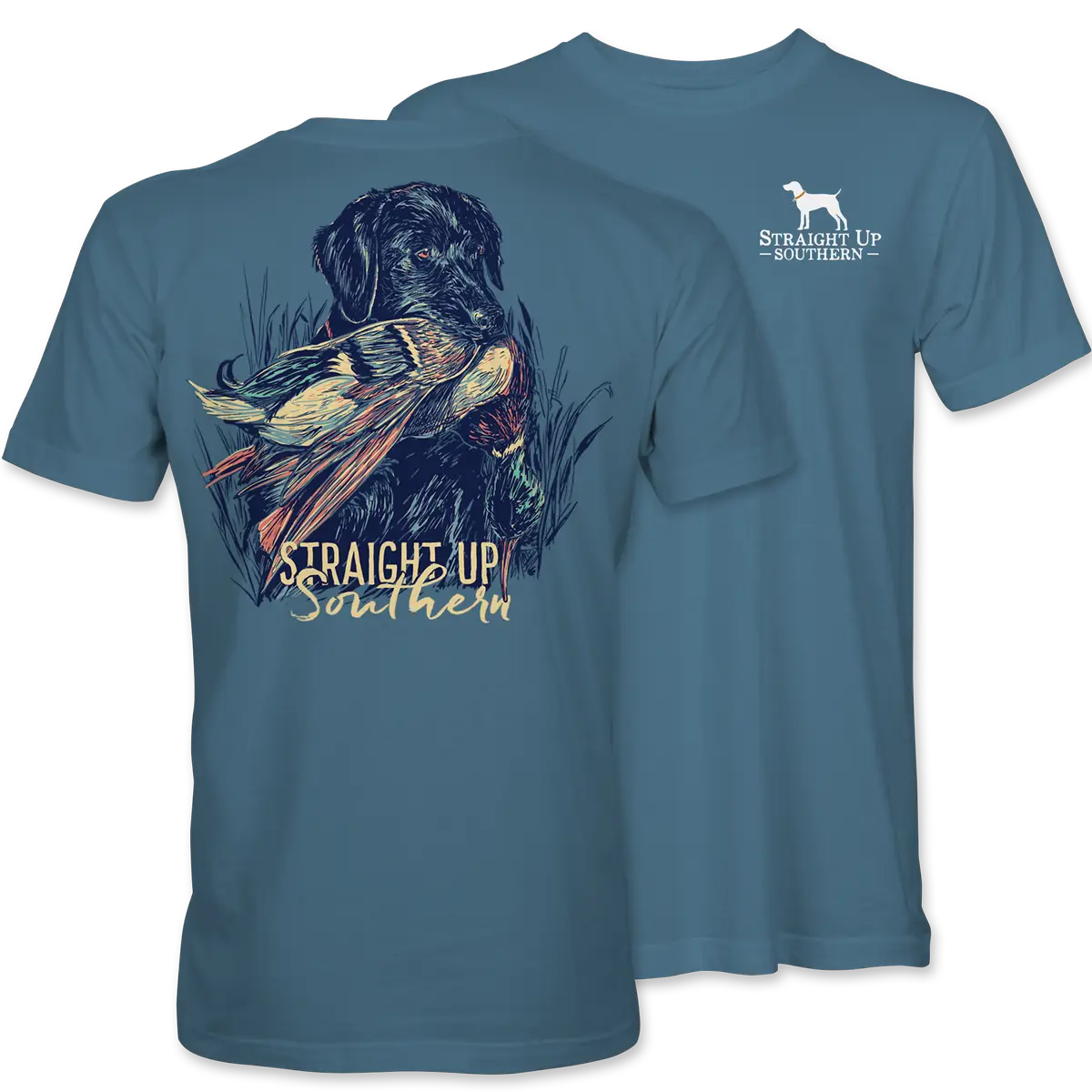 Lab With Mallard - Black Lab Retrieving Mallard T-Shirt - Indigo