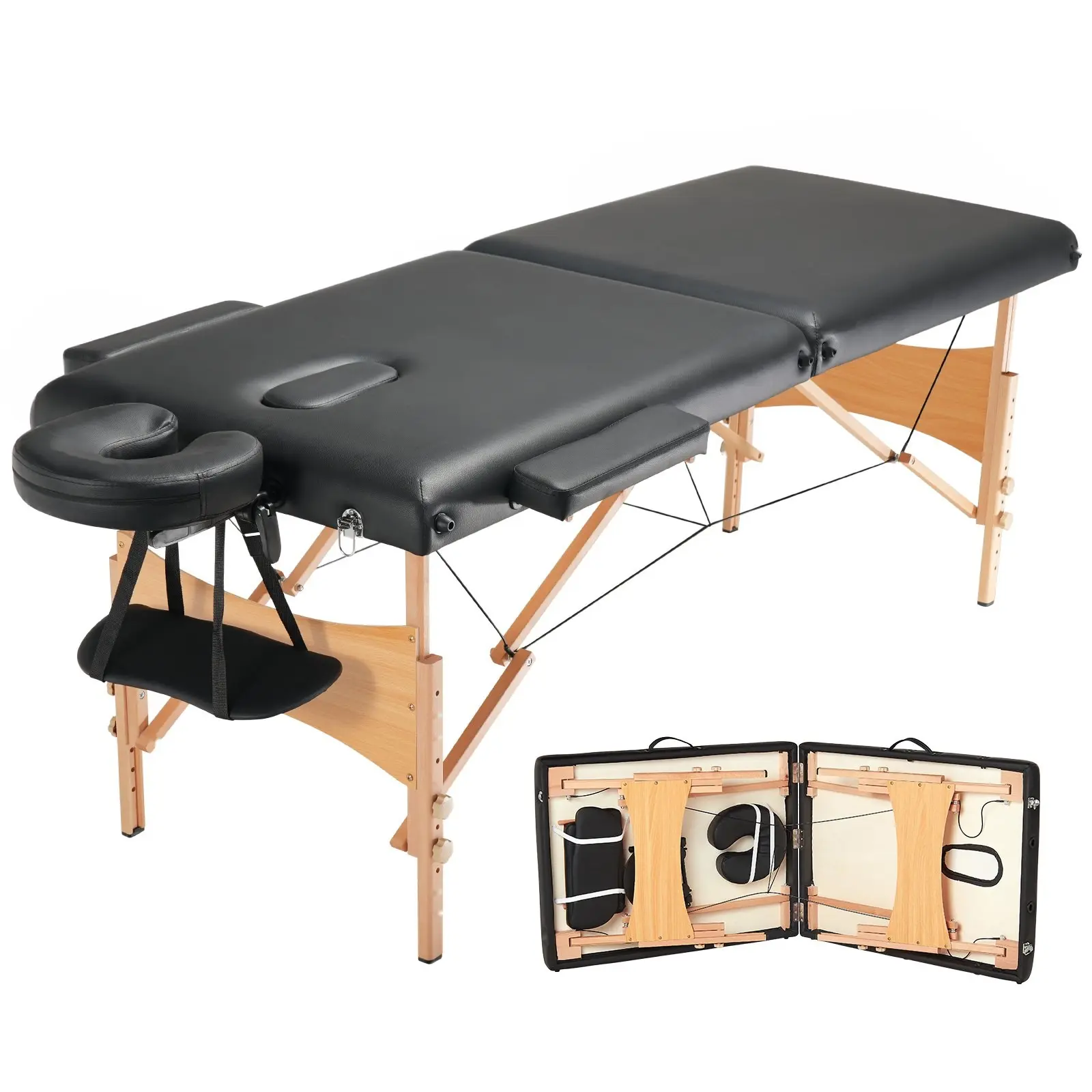 Portable Massage Table 28" W, Two-Fold Lightweight Spa Table, 8-Level Height Adjustable Salon and Tattoo Bed, Includes Headrest, Armrests, Hand Pallet, Carrying Bag, 600 lbs Capacity