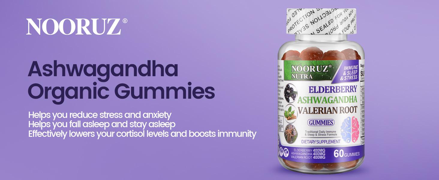 NOORUZ Elderberry Ashwagandha Gummies - 60 Gummies for Immune System, Sleep, Memory & Brain Energy - Gluten-Free, Vegan, Non-GMO, USA Made Supplements Hormone Balance