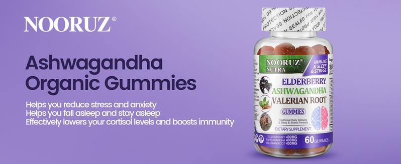 NOORUZ Elderberry Ashwagandha Gummies - 60 Gummies for Immune System, Sleep, Memory & Brain Energy - Gluten-Free, Vegan, Non-GMO, USA Made Supplements Hormone Balance