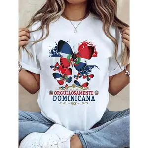 1pc Women's Dominican Republic Flag T-Shirt with Dominican Flag Butterfly Emblem Print - Casual Comfortable National Pride Apparel, Gift for Dominican Women, Year-Round Wear