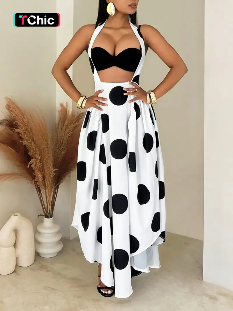 open lace back dress Berylove Women A Line Graduation Dress Black White Polka Dot V-Neck Midi Party Dress, Black White Dot / US26W