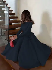 Formal, simple, casual, vintage, long-sleeved, solid color winter dress for women, pleated, zippered, suitable for evening parties, daily wear, office, autumn and winter women's clothing