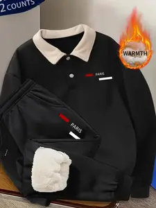 The Coziest Heavyweight Polo Neck Sweat Set! Contrast Collar Brown Fleece Jumper & Sherpa Joggers. Extra Warmth Paris Casual Set. Must-Have #PreppyStyle GRWM for Winter!