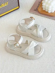 2026 New Trendy Girls' Twisted Pleated Casual Strappy Sandals, Multi-Color Satin Texture Metal Buckle Velcro, Thick Sole Anti-Slip Soft Bottom