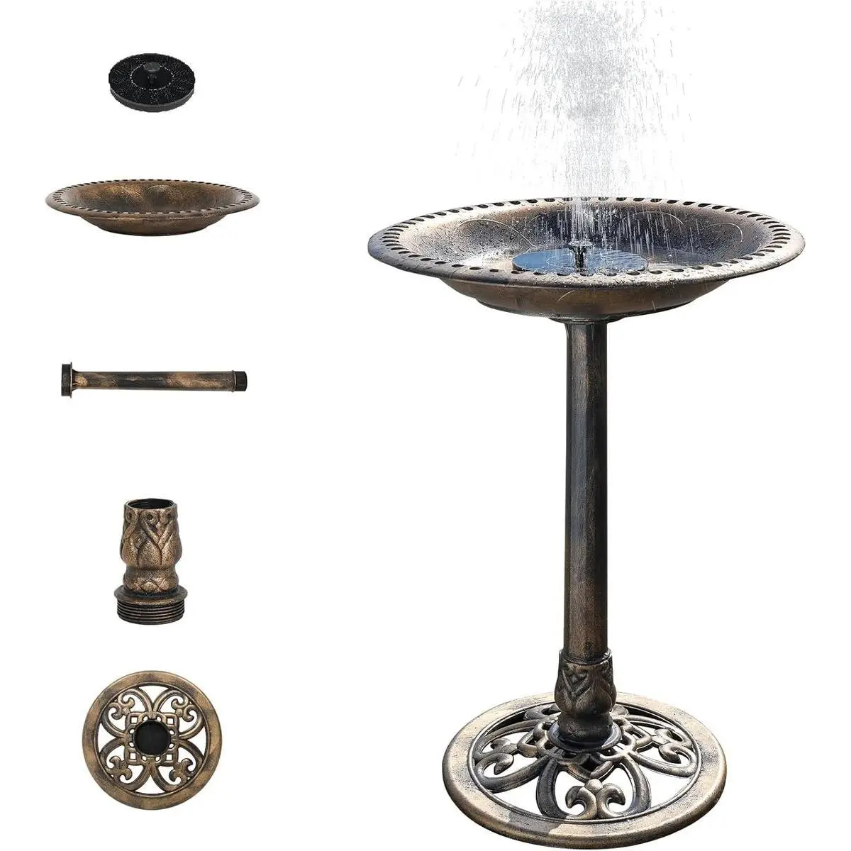 28 inch Solar-Powered Fountain Basin Bird Bath, Antique Bronze Weather-Resistant Resin Base, Retro Lightweight Outdoor Garden Decoration (Bird Supplies), Courtyard