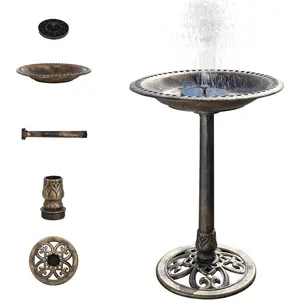28inch Bird Bath Basin with Solar Fountain Antique Bronze Color Weather-Resistant Resin Base Bird Bath Basin Flower Decoration and Retro Style Garden Decoration Suitable for Outdoor Lightweight Courtyard