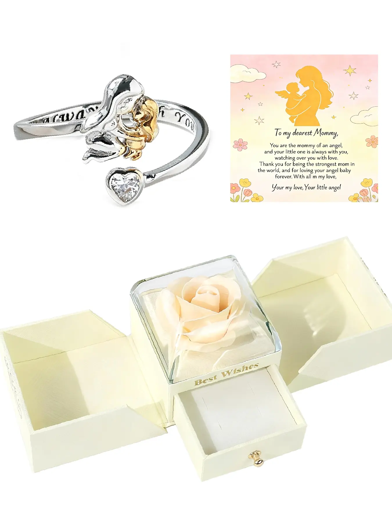 White rose gift box ladies' gift, mom and grandma necklace, mother-daughter ring, heart-shaped birthstone, mother's birthstone cubic zirconia, Mother's Day jewelry gift, for wife/daughter, adjustable open ring, for grandmother, grandma, mom, wife