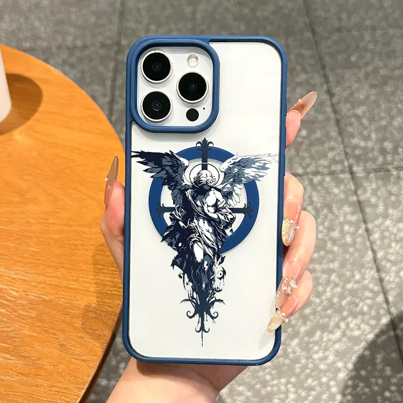 Magnetic TPU Smartphone Casing - Aesthetic Gothic Angel Cross Cover for iPhone 11/12/13/14/15/16/17 Pro Max, MagSafe Ready, Shockproof, Anti-Drop, Ultra-Thin Mobile Phone Accessory for Daily Use