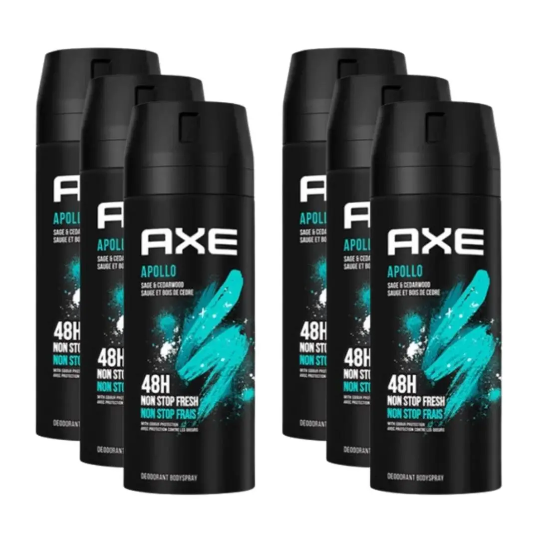 Apollo AXE Male Spray-On Deodorant Body Spray - 150 ml, Long-Lasting, Residue-Free Masculine Body Care Fragrance, Fresh All-Day Wear, Pack of 6 Set for Daily Work, Night Out Adults