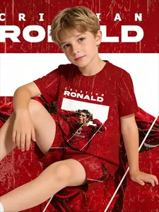 Kids 2 Piece Outfits Boys Summer Short Sleeve T Shirt + Shorts Set Cristiano Ronaldo Manchester United Red Vintage Distressed Number 7 Shout Celebration Realistic Print Football Fan Kids Clothing Casual Sport Wear for School Daily Football Match & Fan Gat