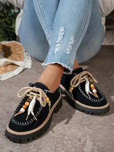 2026 New Multi-Color Beaded Platform Shoes - Hemp Rope Laces, Non-Slip Lug Sole, Comfortable for Street Style