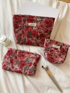3pcs  Retro dark red flower makeup bag for women, zipper closure, fashionable and versatile, elegant and trendy, suitable for travel, commuting, business trips, dating, women's makeup bag