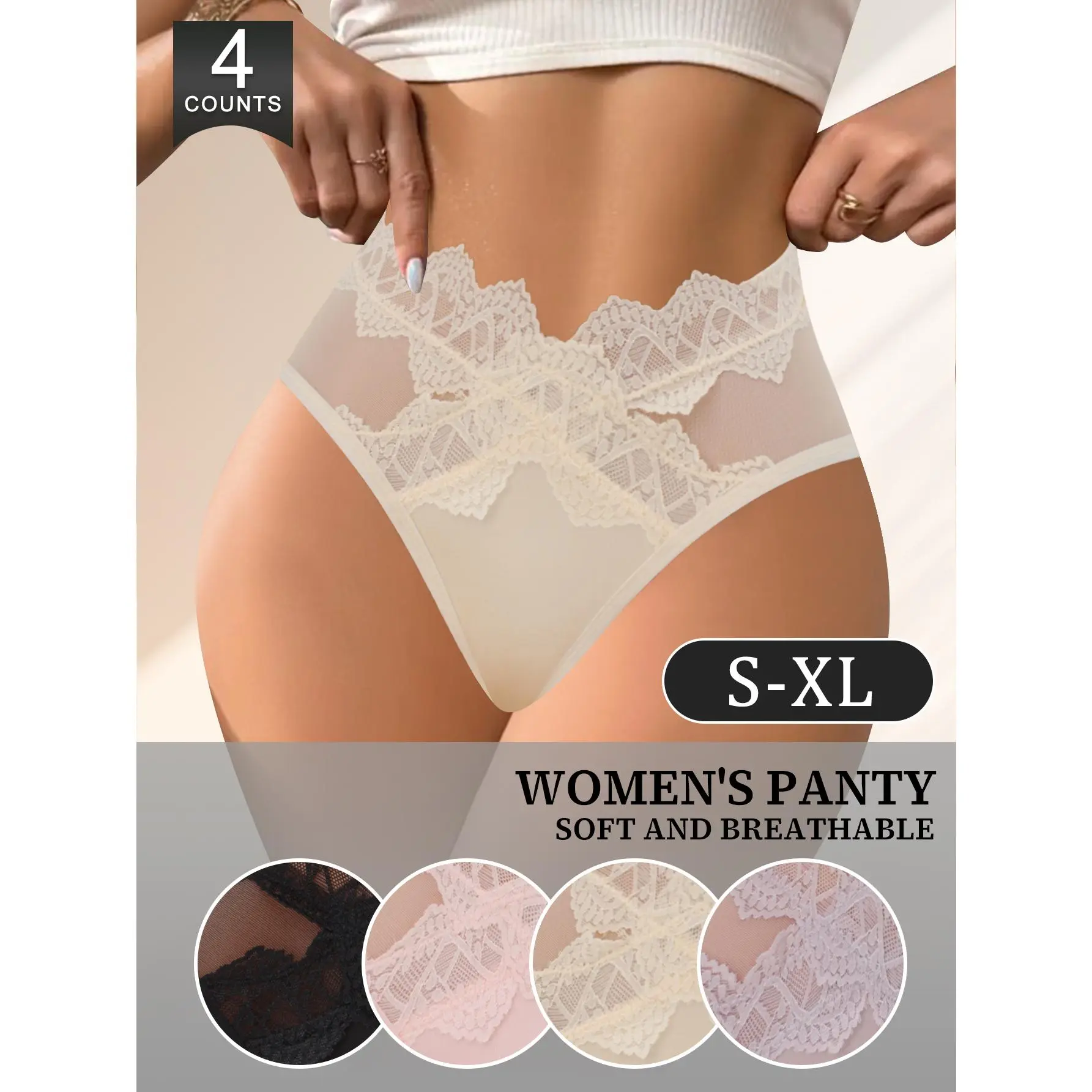 QUASTI 4/8 Pack Sexy Lace Set Underwear for Women, Solid Color Delicate Floral Pattern Breathable & Soft Briefs Womenswear, Skin Friendly Everyday Comfort Wear Set, S-XXL