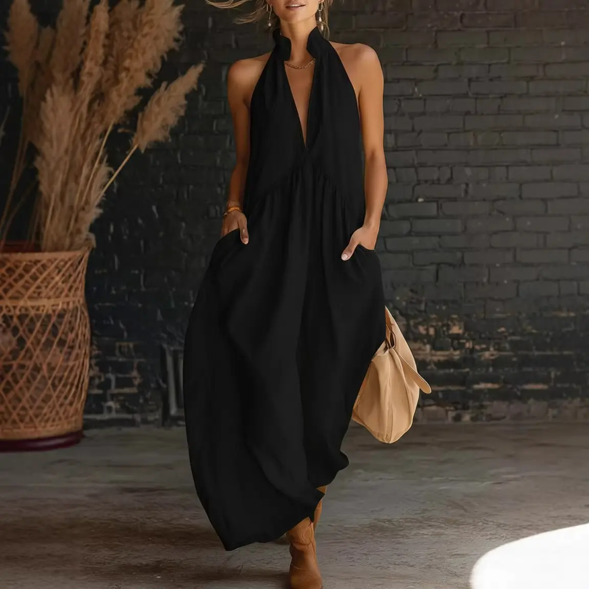 halter neck dress casual Maggy London Floral Halter Keyhole Maxi Dress WHT ROYAL BLUE / 8 main image 0
