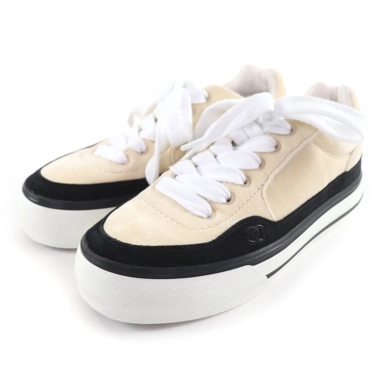 Pre-owned CHANEL Velvet Small Leather Goods COCO Mark Lace Up Sneakers Sneakers