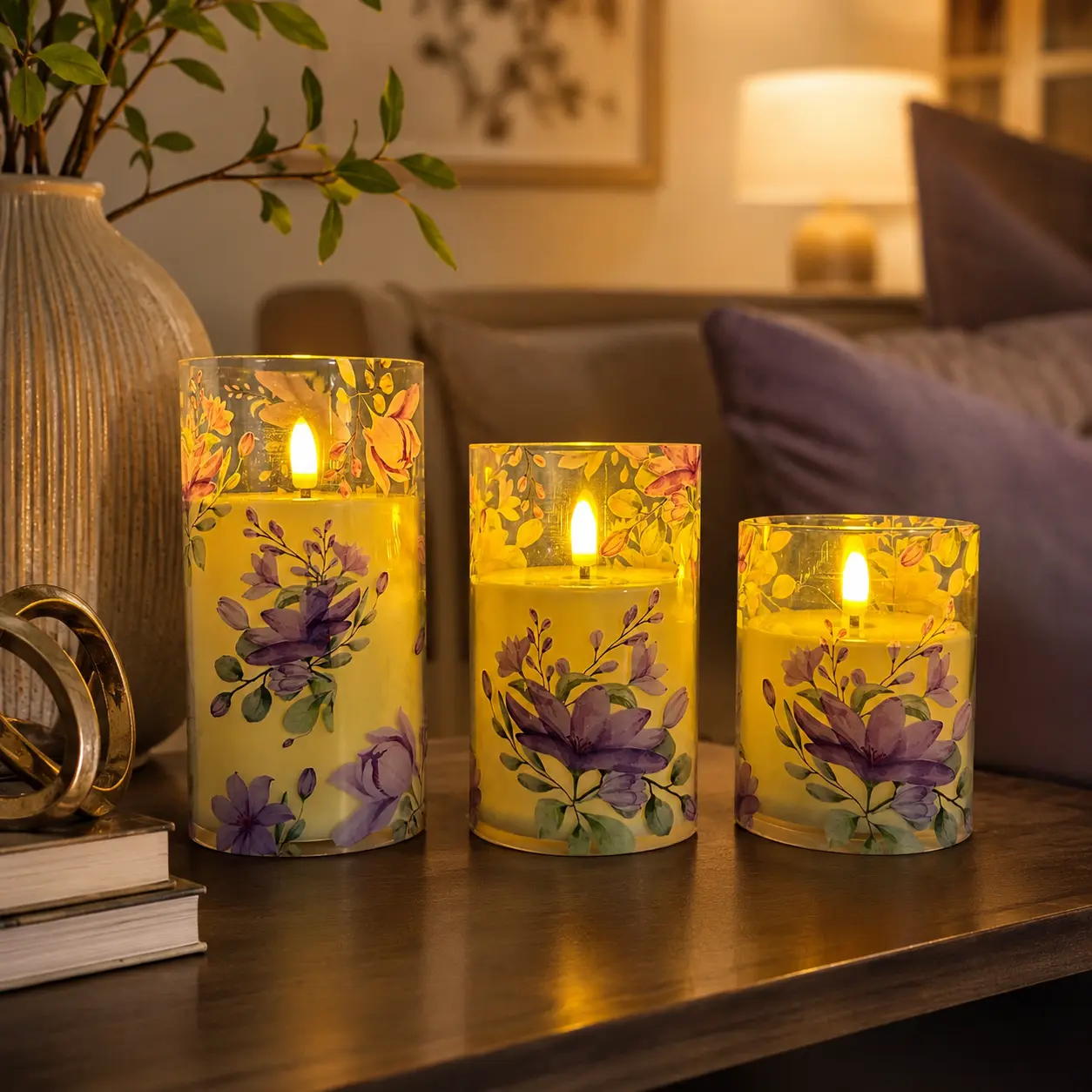 Flameless LED Pillar Candles 3-Piece Set - Purple-Flowered, Green-Leaved, Battery-Powered, Realistic Flickering, 3 Heights, for Indoor Home Decor, Christmas Festive Decorations