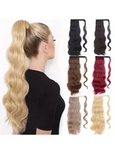 22" Ponytail Extension Clip in Long Wave Wrap Around Pony Tail Natural Soft Synthetic Hairpiece Hair Extensions for Women Color Black Synthetic Soft Hairpieces Wavy Synthetic Hairpiece