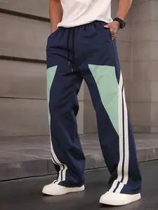 Street Style Men's Casual Loose Fit Jogger Pants with Elastic Waistband Straight Leg Featuring Side Stripe and Color Block Panels Back to School Season Fall Navy Blue & Mint Green