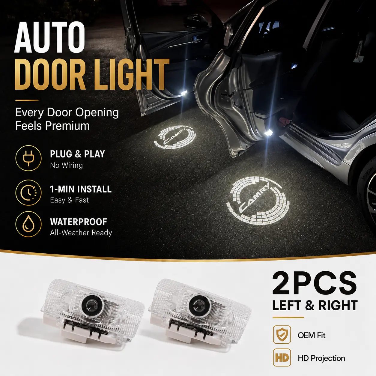 2PCS Toyota Camry Logo 5W Power Car Puddle Lights - Automatic Sensor Door Welcome Lights, Durable 5W HD LED, Direct Snap-In Door Replacement Plug & Play Automotive Decoration Accessories