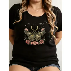 Women's Round Neck Short-Sleeve Lightweight Comfortable Celestial Moth Graphic Tee, Moon Floral Botanical Print, Witchy Cottagecore Everyday Summer Casual Top clothes