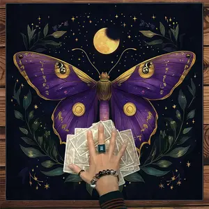 Butterfly Starry New Moon Leaf Print Tarot Card Tablecloth, Furniture Protector, Tea Table Cover, Mystical Desk Decor, Home & Magic Rituals